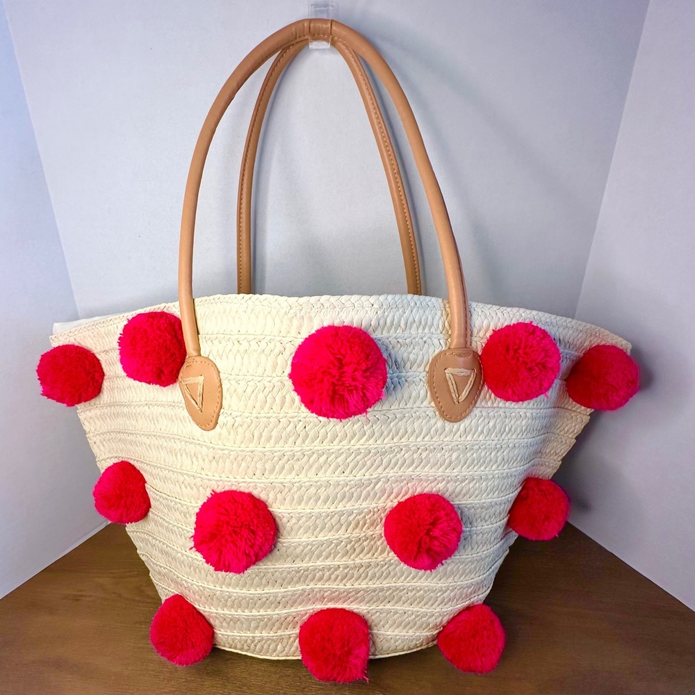 Shiraleah Klo Chicago‎ Straw Tote Bag Pink Pom Pom Beach Summer Shoulder Bag Lg